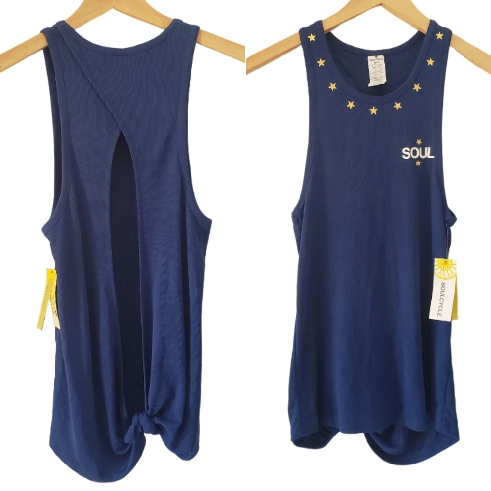 Soul cycle Sanded Ribbed Knotted Back Tank Top Blue Gold Stars XS American Soul